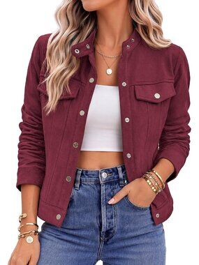 Women's Dark Red Suede Long Sleeve Button Down Cropped Jackets Streetwear Casual